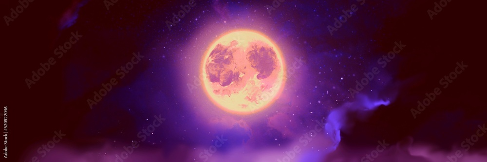 Fototapeta premium Wide-size landscape illustration of a beautiful full moon shining brightly in the night sky through a gap in the purple clouds.