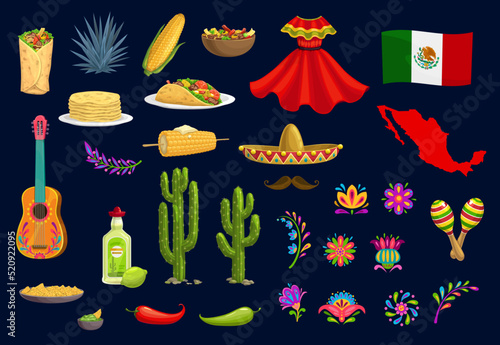 Mexican holiday food, items and national symbols. Mexican tacos, burrito and corn, agave tequila or mezcal drink, guitar and maracas musical instruments, national clothing, flower ethnic ornaments