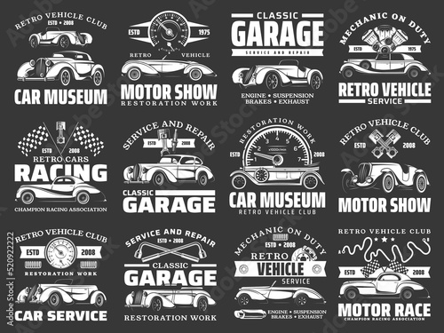 Retro cars museum exhibition, repair mechanic icons. Vintage vehicles motor show, classic automobiles racing competition and garage station sign. Retro roadster cabriolet, coupe and limousine vector
