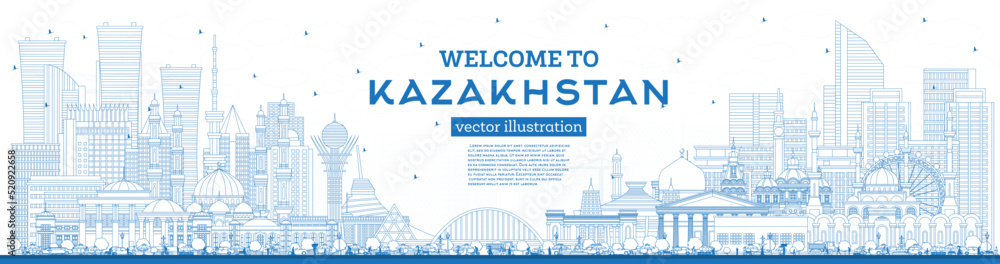 Outline Welcome to Kazakhstan. City Skyline with Blue Buildings.