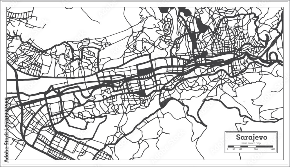 Obraz premium Sarajevo Bosnia and Herzegovina City Map in Black and White Color in Retro Style Isolated on White.
