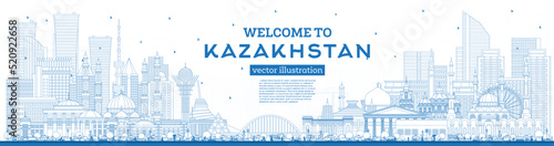 Outline Welcome to Kazakhstan. City Skyline with Blue Buildings.