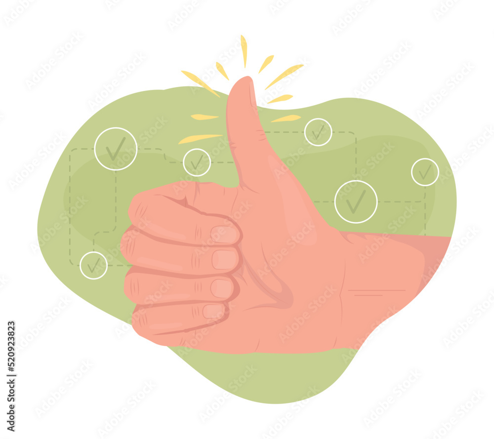 Thumbs up 2D vector isolated illustration. Positive opinion flat hand gesture on cartoon background. Appreciation and acceptance colourful editable scene for mobile, website, presentation Thumbs up 2D vector isolated illustration. Positive opinion flat hand gesture on cartoon background. Appreciation and acceptance colourful editable scene for mobile, website, presentation