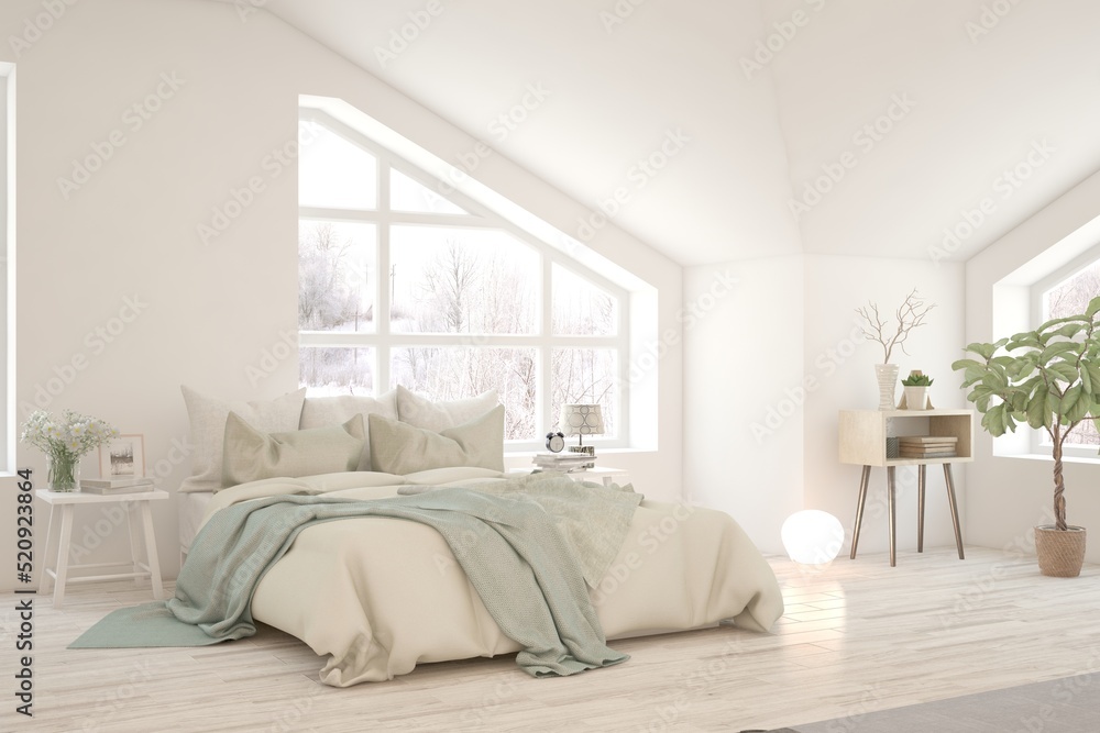 Fototapeta premium White bedroom interior. Scandinavian design. 3D illustration
