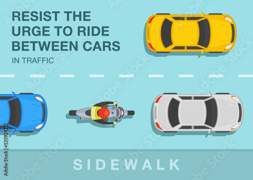 Safe motorcycle riding rules and tips. Resist the urge to ride between cars in traffic. Top view of a biker on the city road. Flat vector illustration template.