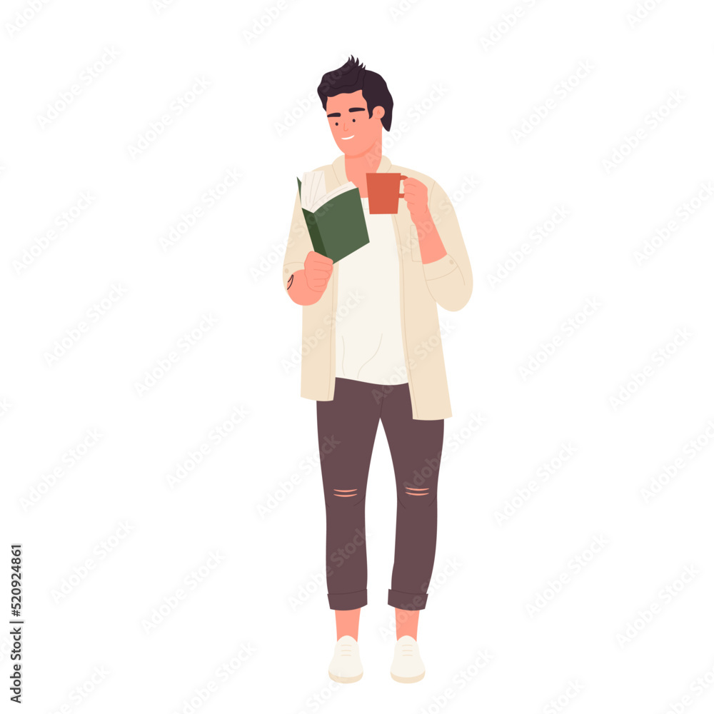 Reading student with cup of tea. Books lover, learning school pupil vector illustration