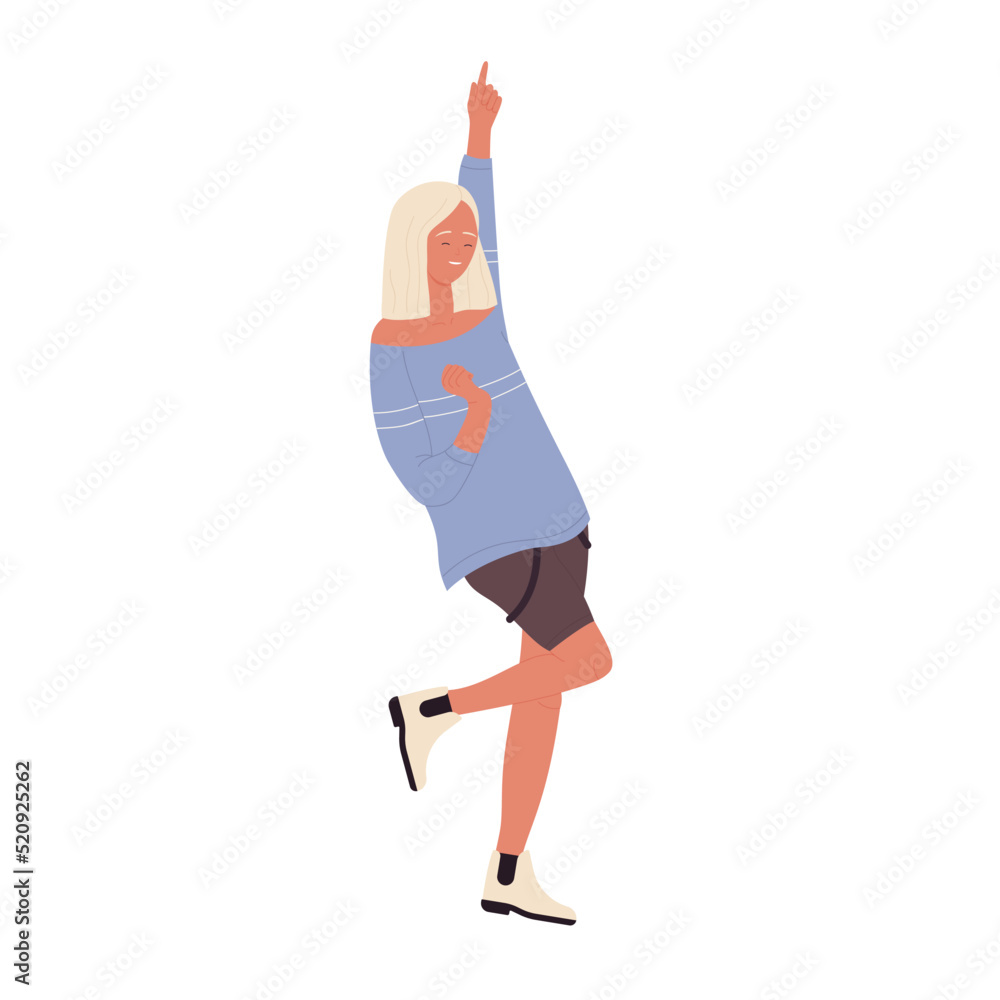 Partygoer girl with funny lifestyle. Active woman at disco party vector illustration