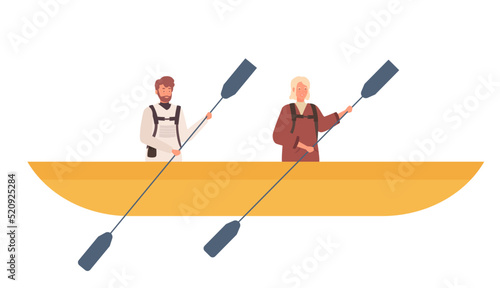 Tourists couple kayaking. River rafting, active lifestyle and vacation vector illustration photo