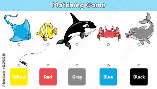 Matching children educational game. Match sea animals and colors. Vector illustration in children's style.