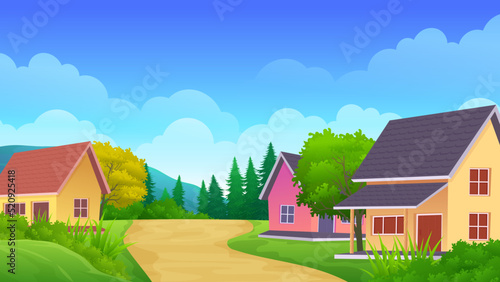 Cute house on the hill with Beautiful nature rural landscape, grass and trees cartoon illustration