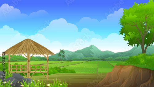 Bamboo Gazebo Beside stretch of paddy rice fields with Beautiful nature landscape