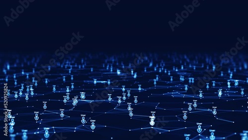 The technology concept supports a large number of users in the Internet website system. A small user icon above the online networking polygon slowly moves on dark blue background. photo