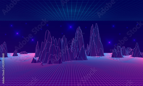 Meta verse, landscape of mountains and stars. Wire fire. Vector illustration.