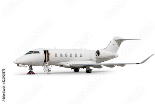 Luxury corporate airplane with an opened gangway door isolated on white background
