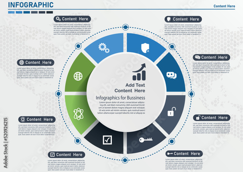 Infographic circle banner. Template for graph, report, presentation, data visualisation, cycling diagram, round chart, number options, web design. 8 steps vector background