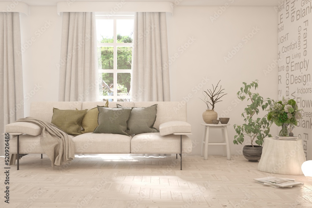White living room with sofa and summer landscape in window. Scandinavian interior design. 3D illustration White living room with sofa and summer landscape in window. Scandinavian interior design. 3D illustration