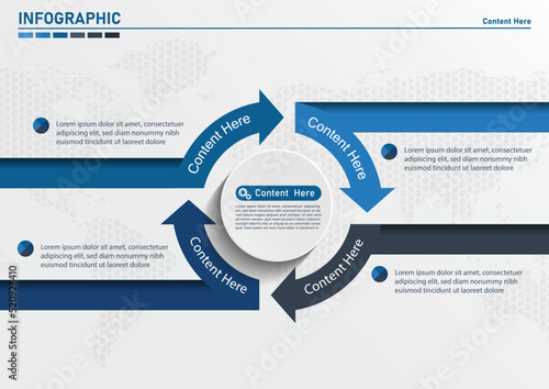 Circle, round divided in four parts arrows. Template, scheme, diagram, chart, graph, presentation. Business concept with 4 steps, options, processes.