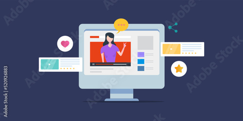 Influencer marketing, female blogger sharing review and opinion on social media video, digital communication concept. 