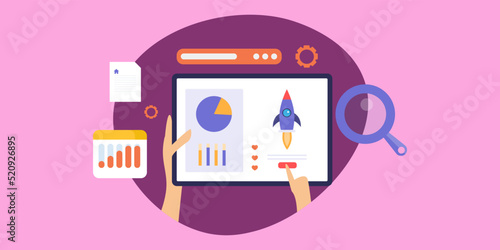 Saas company start-up concept, analytical data and rocket on tablet screen, hand pressing button.