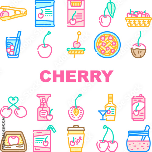 cherry fruit red white berry leaf icons set vector. sour flower, fresh spring branch, blossom sweet food, nature tree, juicy summer ripe cherry fruit red white berry leaf color line illustrations © sevector