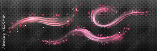 Wind swirls with flower pink petals isolated on transparent background. Vector realistic illustration of spiral air vortex with flying blossom petals, magic dust splash