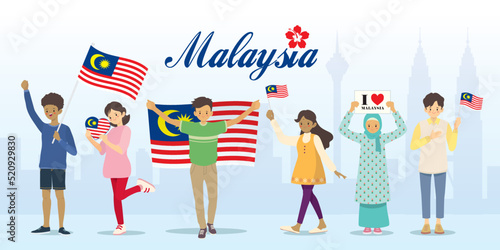 Malaysia citizen holding Malaysia flag with cityscape. Cartoon Malay, Chinese and Indian people celebrate national day. Flat design. Vector illustration. photo