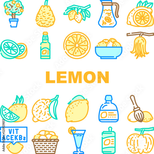 lemon fruit citrus slice fresh icons set vector. leaf  yellow food  lemonade juice  cut half  juicy citron  peel sour tropical leaves lemon fruit citrus slice fresh color line illustrations