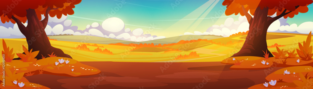 Fototapeta premium Autumn countryside with orange trees, agriculture fields and road. Vector cartoon illustration of rural landscape, country panorama with farmlands, grass and trees in fall