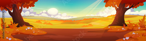 Autumn countryside with orange trees, agriculture fields and road. Vector cartoon illustration of rural landscape, country panorama with farmlands, grass and trees in fall