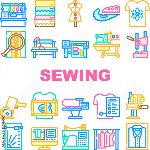 factory sewing sew machine icons set vector. tailor fabricthread, textile fashion, needle industry, needlework, woman seamstress factory sewing sew machine color line illustrations