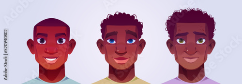 African american men with short hair and afro. Vector cartoon illustration of handsome guys portraits, young, adult and elderly male characters faces isolated on background