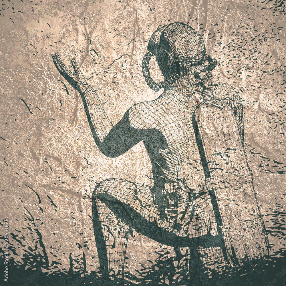 Fototapeta premium Monochrome silhouette of diver in a prayer position. Mesh grid texture