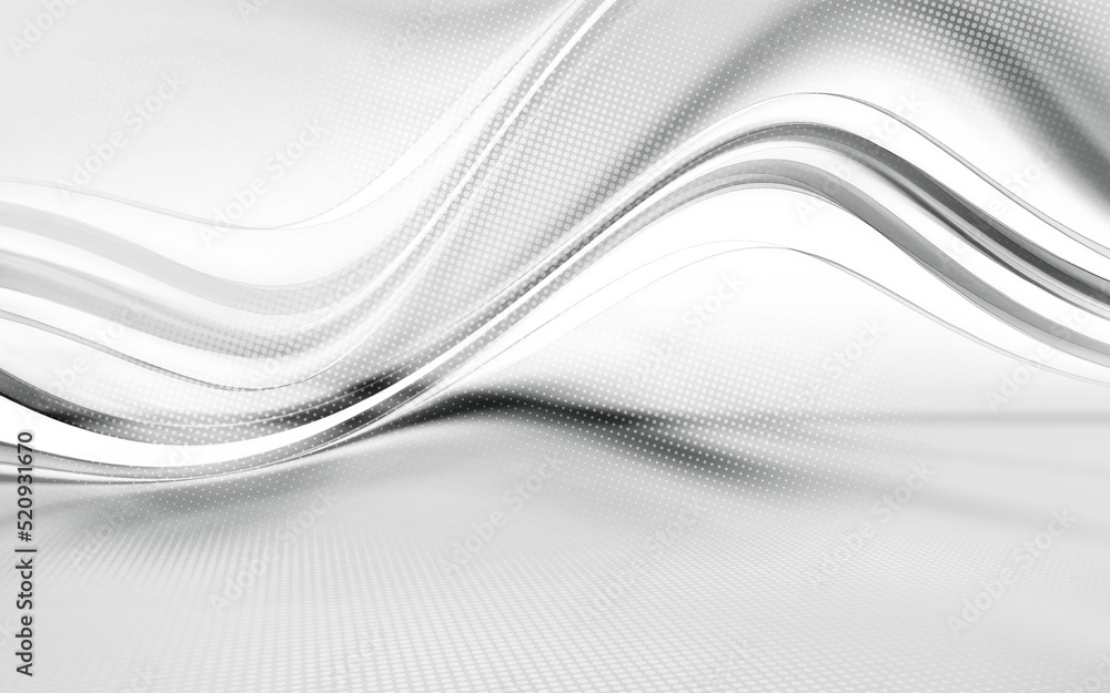 Obraz premium Gray waves background. Futurisic white wavy gradient design. Grey halftone display studio interior texture. 3d illustration.