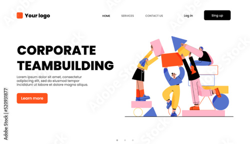 Corporate teambuilding landing page. People work together set up abstract geometric shapes. Businesspeople teamwork, communicate, collaboration, cooperation, partnership, Linear flat vector web banner
