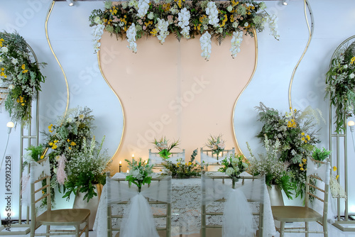 Wedding decorations. Wedding backdrop with flowers and Indonesian wedding decorations.