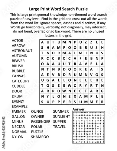 Large print general knowledge word search puzzle (words ACTOR - TRAVEL). Answer included.