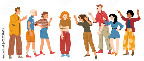 Crowd of aggressive people bully and blame outcast woman. Scared female victim character express abuse trying to hide from angry persons pointing on her with fingers, Line art flat vector illustration
