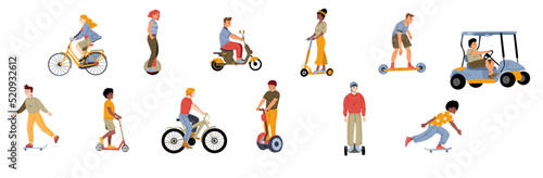 Characters riding electric transport, save ecology concept. People use scooter, hoverboard, monowheel, skateboard, golf cart eco friendly transportation for city dwellers. Line art flat set vector