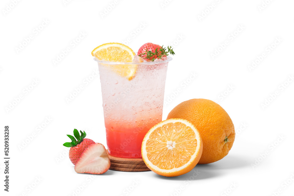 Strawberry and orange soda with Strawberry and orange fruit isolated on white background. coffee shop cafe menu concept. Strawberry and orange soda with Strawberry and orange fruit isolated on white background. coffee shop cafe menu concept.