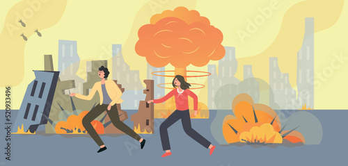 Afraid people run away from a nuclear explosion. City destroyed by war, explosions in the streets, frightened residents running in panic, broken buildings, screaming characters, vector cartoon concept