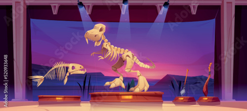 Dinosaur and fish skeletons in paleontology museum cartoon image. Vector illustration of stone age artefacts, ancient prehistoric animals bones at history exhibition. Scientific discovery. Archaeology