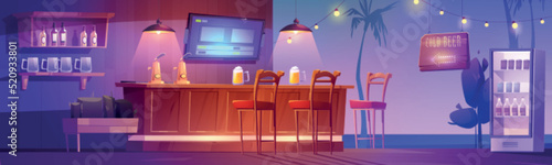 Tropical bar or pub interior, beach restaurant with cold beer mugs stand on wooden desk, high stools, lanterns, garland, refrigerator with drinks, shelf and palm trees, Cartoon vector illustration