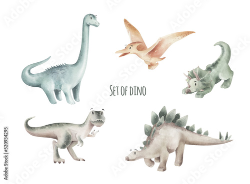 Watercolor set of dinosaurs. Prehistoric animals isolated. 