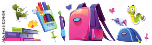 School stationery isolated set. Stickers, pencil case, backpack, textbooks and colored pencils with pen or push pins. Cartoon design element for student and pupil education, Vector illustration, icons