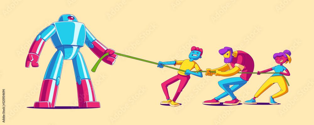 Office people team tug of war battle with robot. Contemporary characters tear rope with artificial intelligence robot. Human vs cyborg competition, robotization, Line art cartoon vector illustration