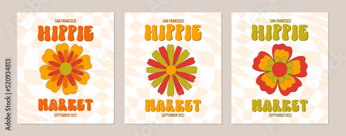 Hippie funky vibe style template. Vintage 1960-1970. Hippy retro background. Symbol retro print.