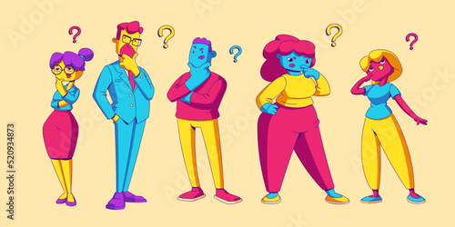 Thoughtful persons with questions, doubtful people think, solve task, choose right decision. Pensive contemporary dumb characters searching solution, develop idea, Line art cartoon vector illustration photo
