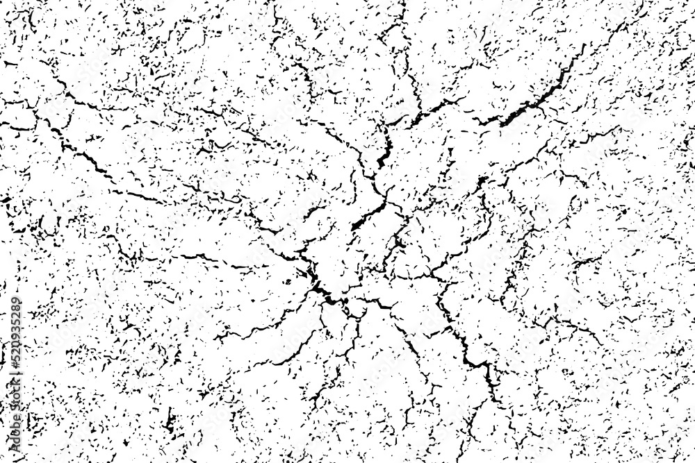 Cracks overlay textured. Distressed black texture. Dark grainy texture on white background. Grain noise particles. Rusted white effect. Grunge design elements. Vector illustration, EPS 10.