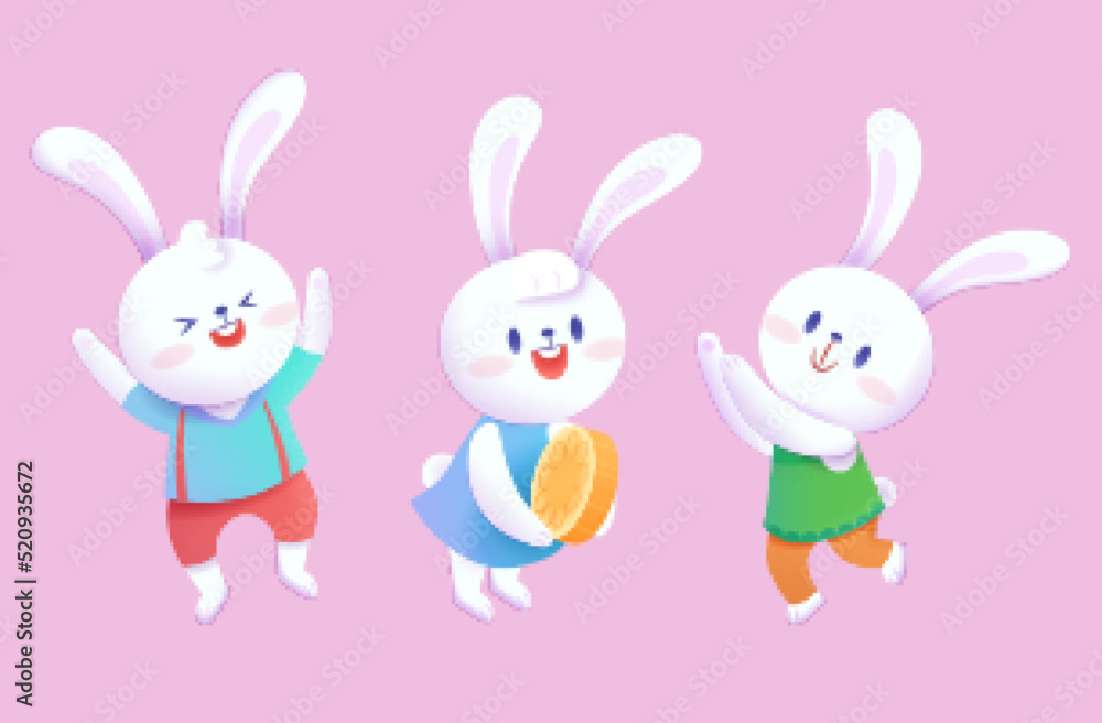 Standing white rabbits in outfits Standing white rabbits in outfits