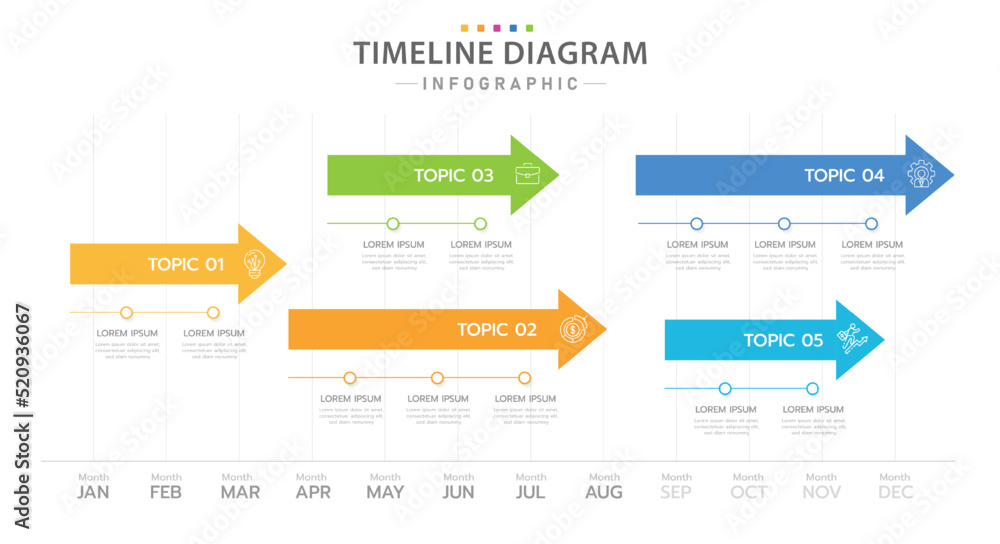 Infographic template for business. 12 Months modern Timeline diagram calendar with 5 Topics, presentation vector infographic.